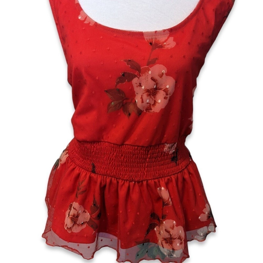 WILLOW Young Contemporary Top Floral Mesh Peplum Sleeveless Smocked Red 2x